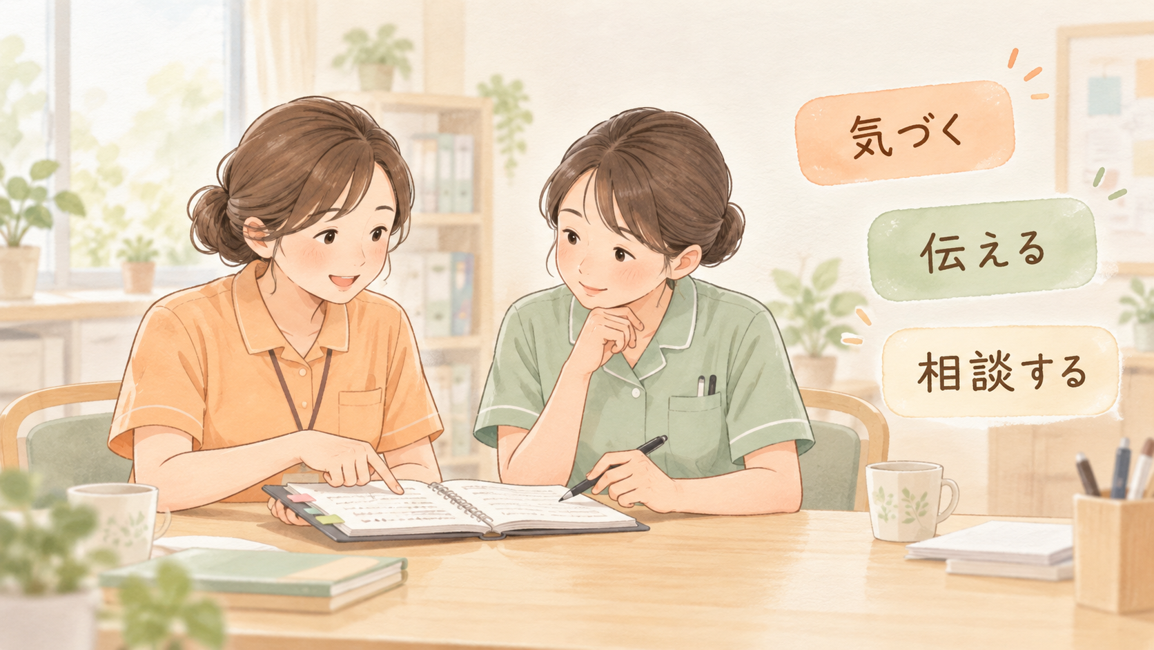 記録をもとに介護職と看護職が相談する場面を表したイラスト